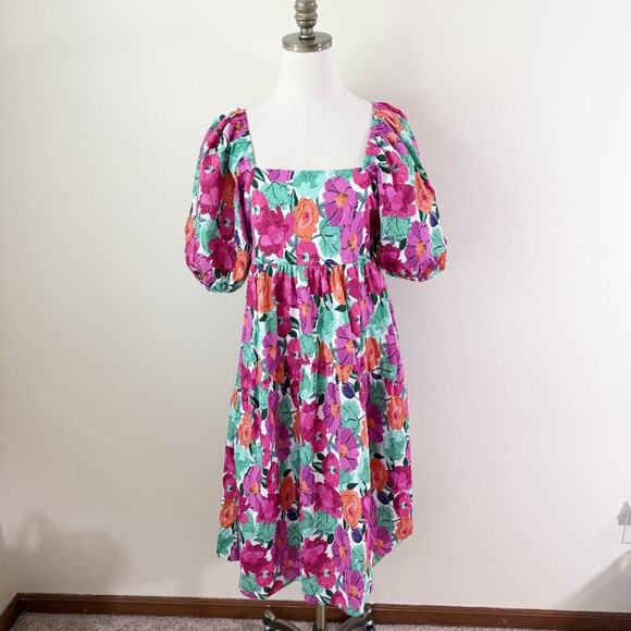 Baltic Born Pink Floral Print Dress Sz Large Square Neck Pockets Balloon Sleeve - Picture 2 of 10